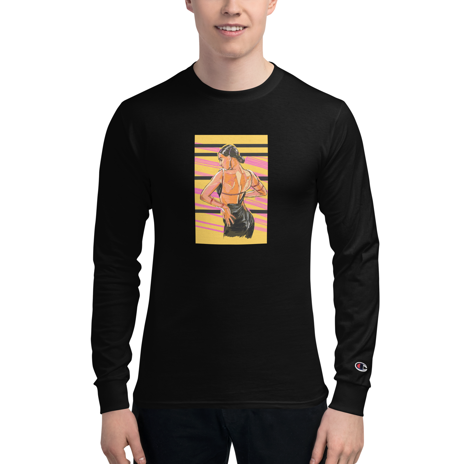 Lady Latin Yellow Background - Men's Champion Long Sleeve Shirt