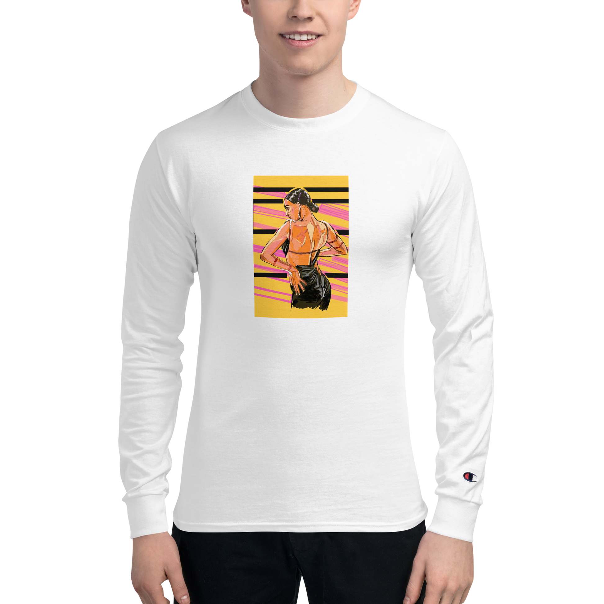 Lady Latin Yellow Background - Men's Champion Long Sleeve Shirt