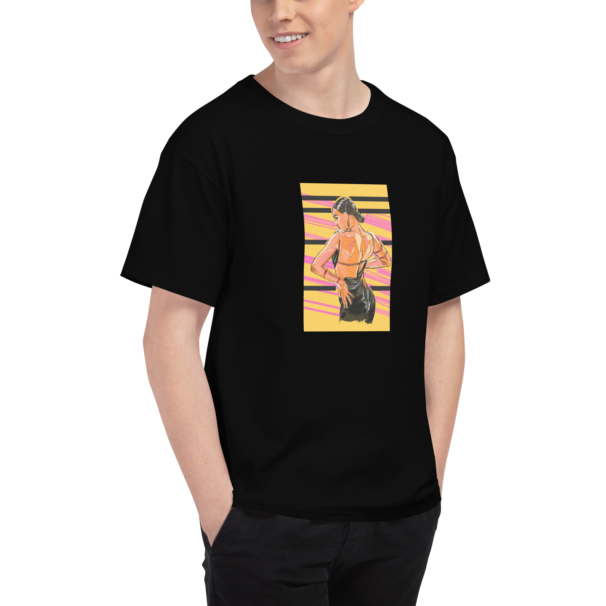 Lady Latin Yellow Background -Men's Champion T-Shirt