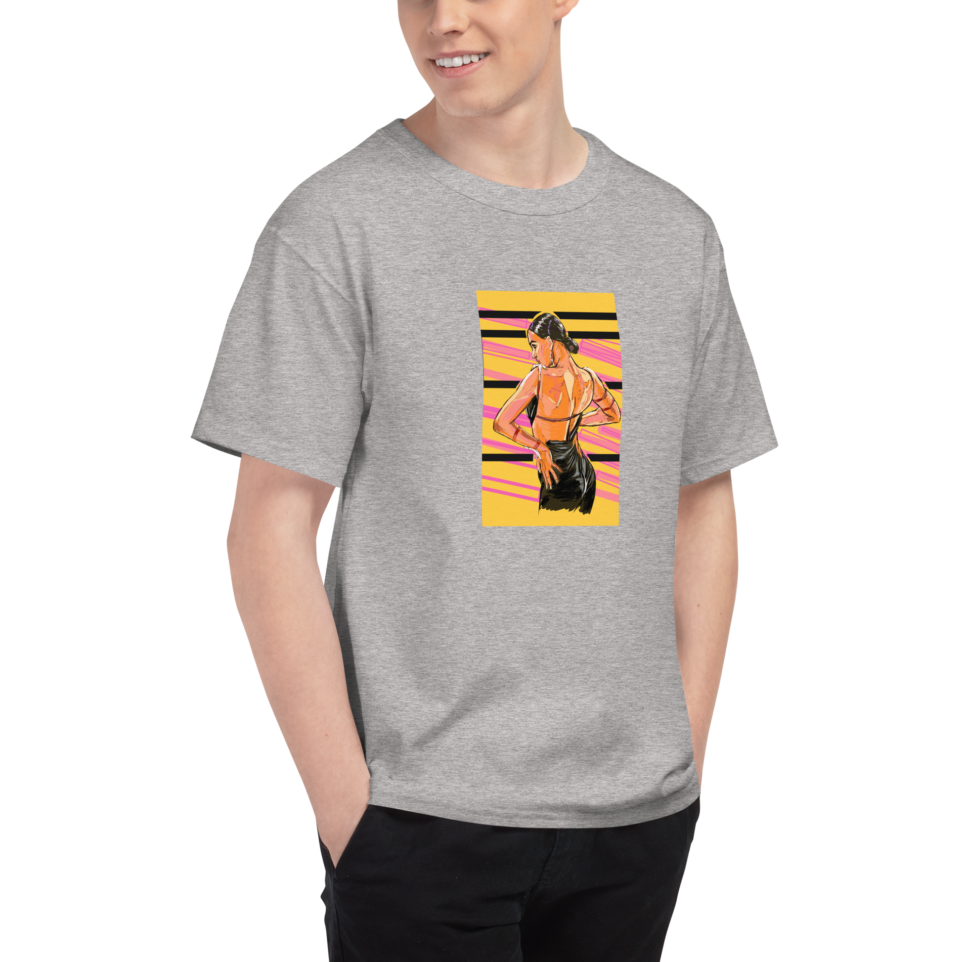 Lady Latin Yellow Background -Men's Champion T-Shirt