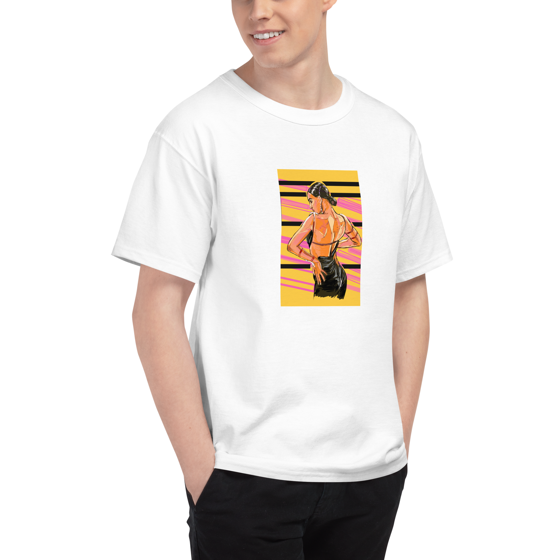 Lady Latin Yellow Background -Men's Champion T-Shirt